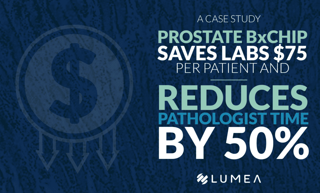 Image of a dollar sign with down arrows showing cost reduction with the title prostate BxChip saves labs $75 and reduces pathologist sign out time by 50